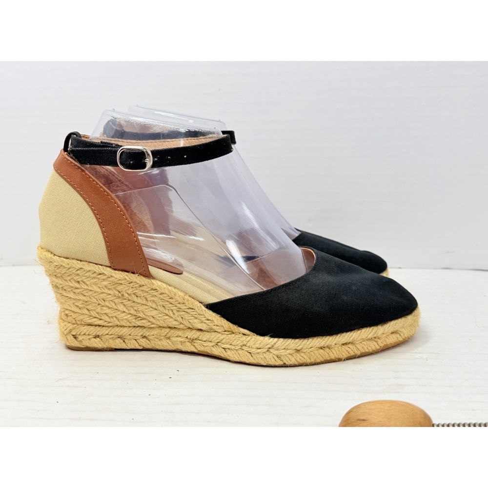 Brooks Brothers Womens US 7.5 Black Canvas Espadrille Wedge Ankle Strap